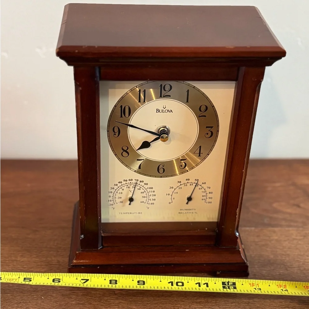 Vintage Bulova Gold and Brown Mantle Clock with Thermometer and Hygrometer
